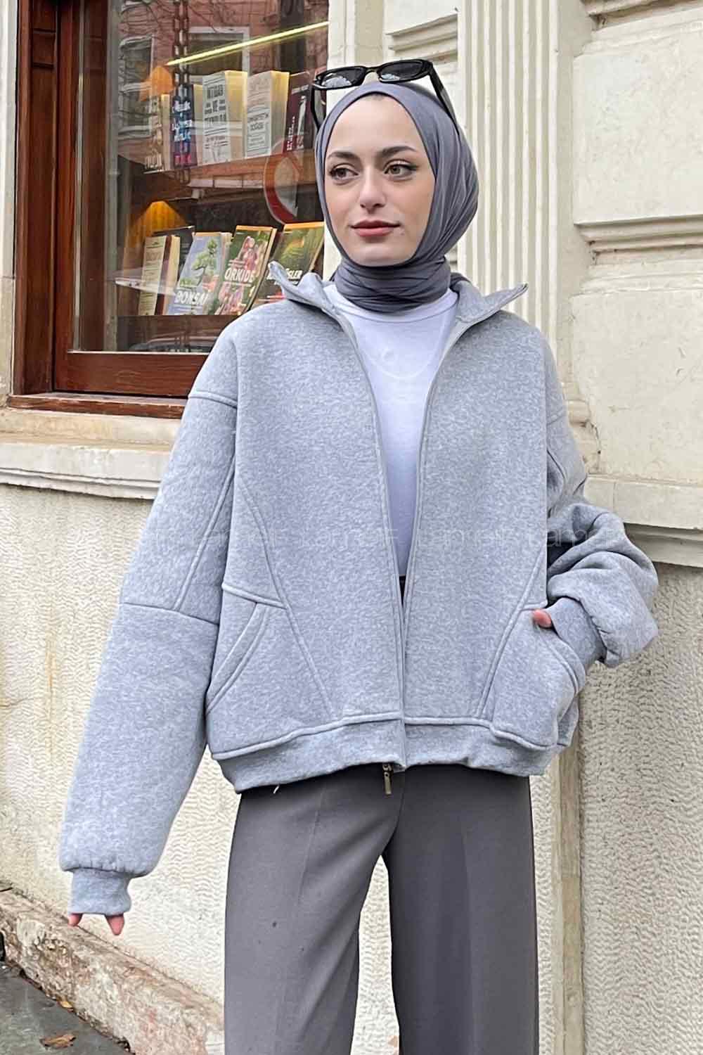 Lamelif  Şardonlu Fermuarlı  Hırka Gri