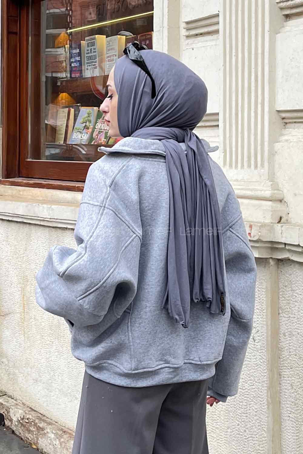 Lamelif  Şardonlu Fermuarlı  Hırka Gri
