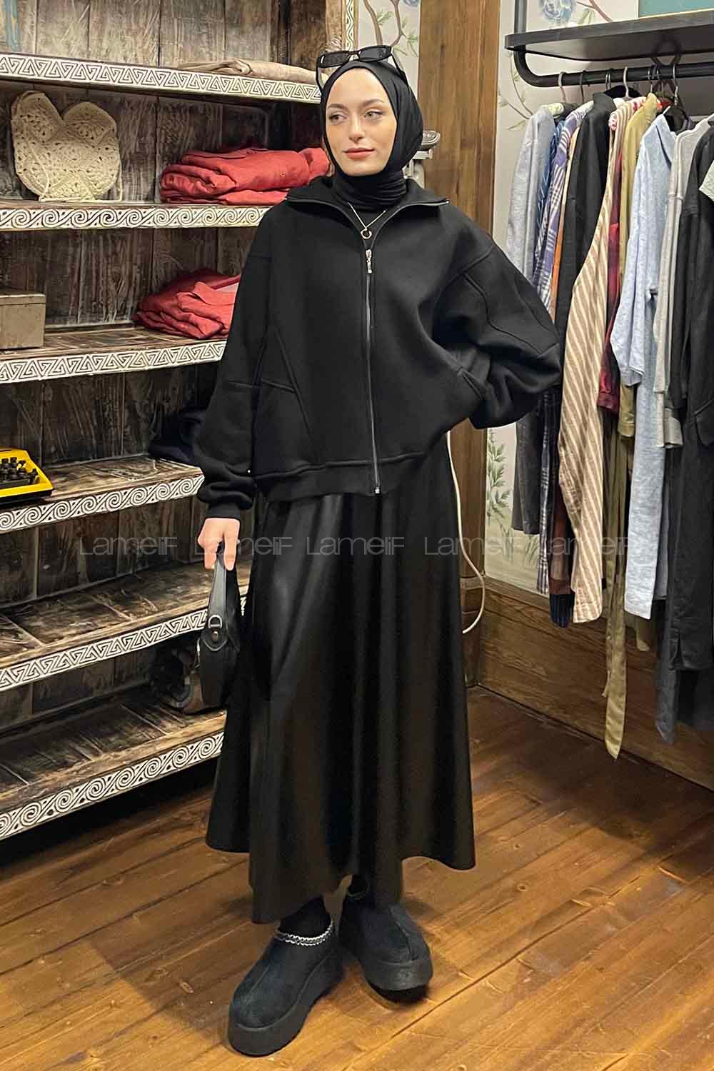 Lamelif  Şardonlu Fermuarlı  Hırka Siyah