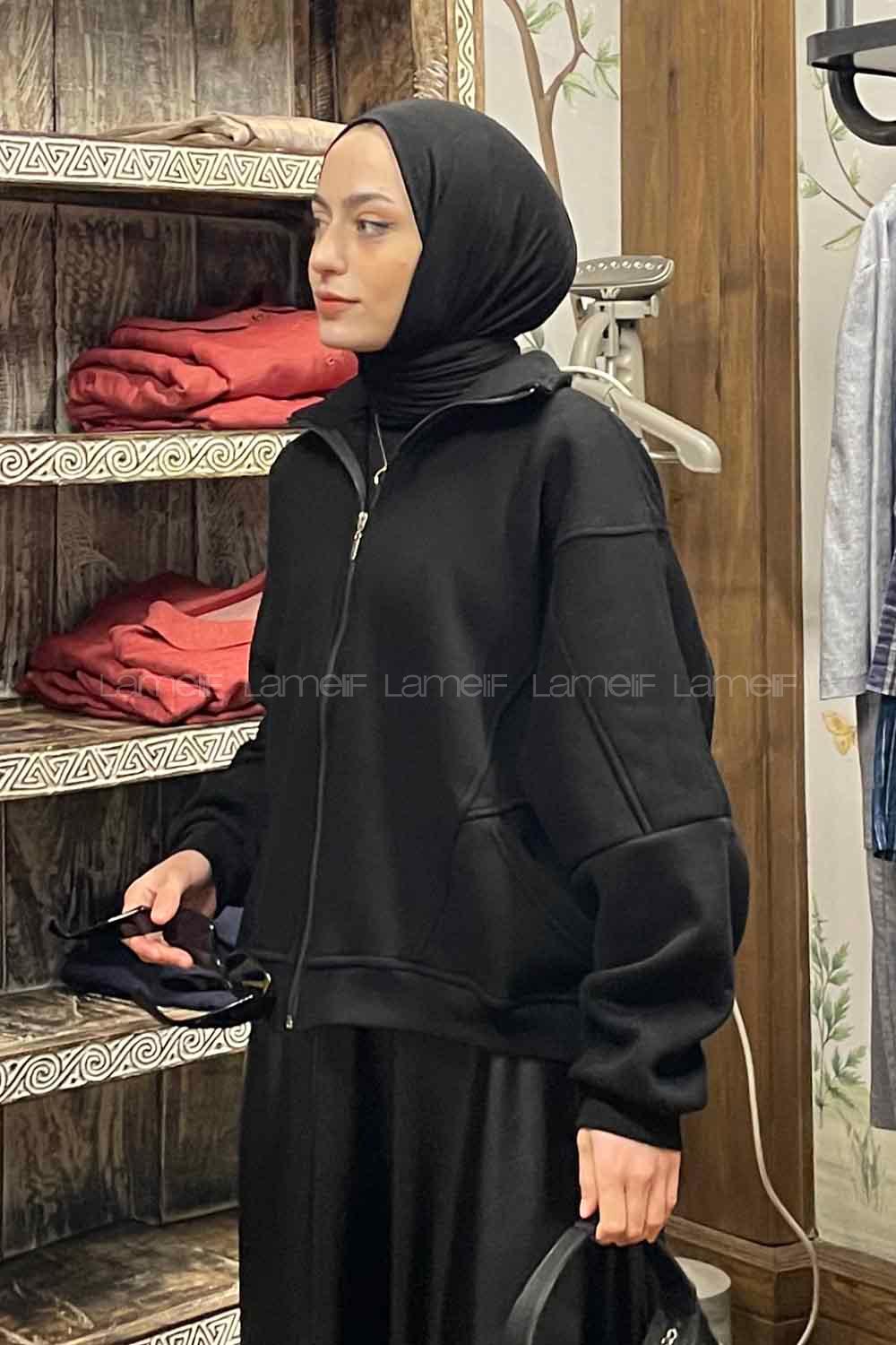 Lamelif  Şardonlu Fermuarlı  Hırka Siyah