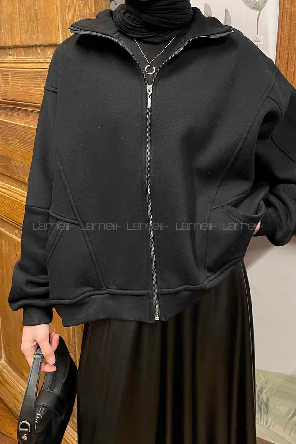 Lamelif  Şardonlu Fermuarlı  Hırka Siyah