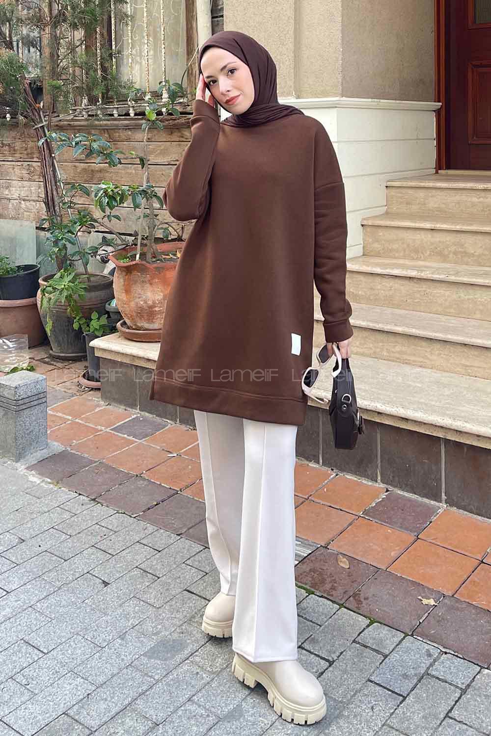 Brown Medium Crew Neck Cotton Fabric Tunic