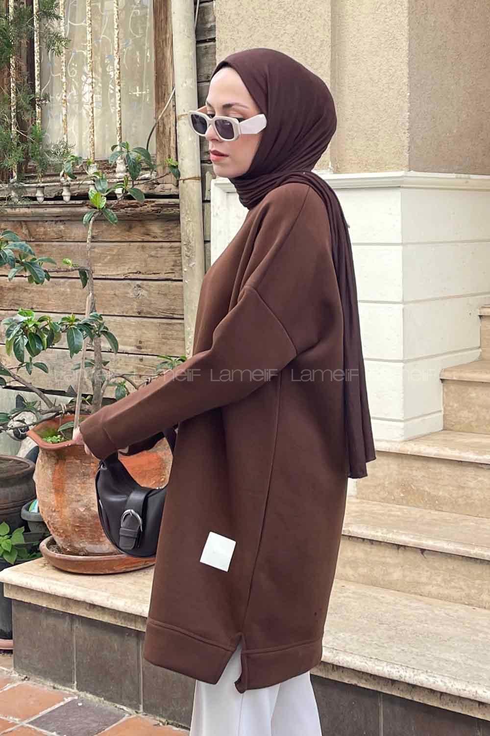 Brown Medium Crew Neck Cotton Fabric Tunic