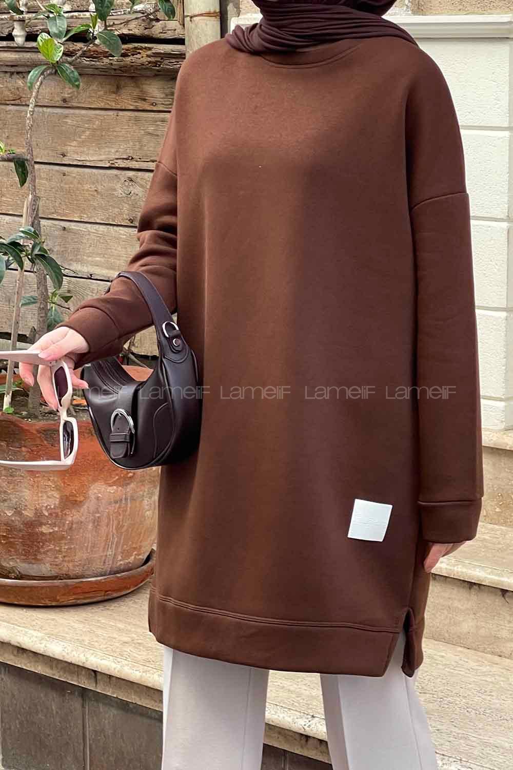 Brown Medium Crew Neck Cotton Fabric Tunic