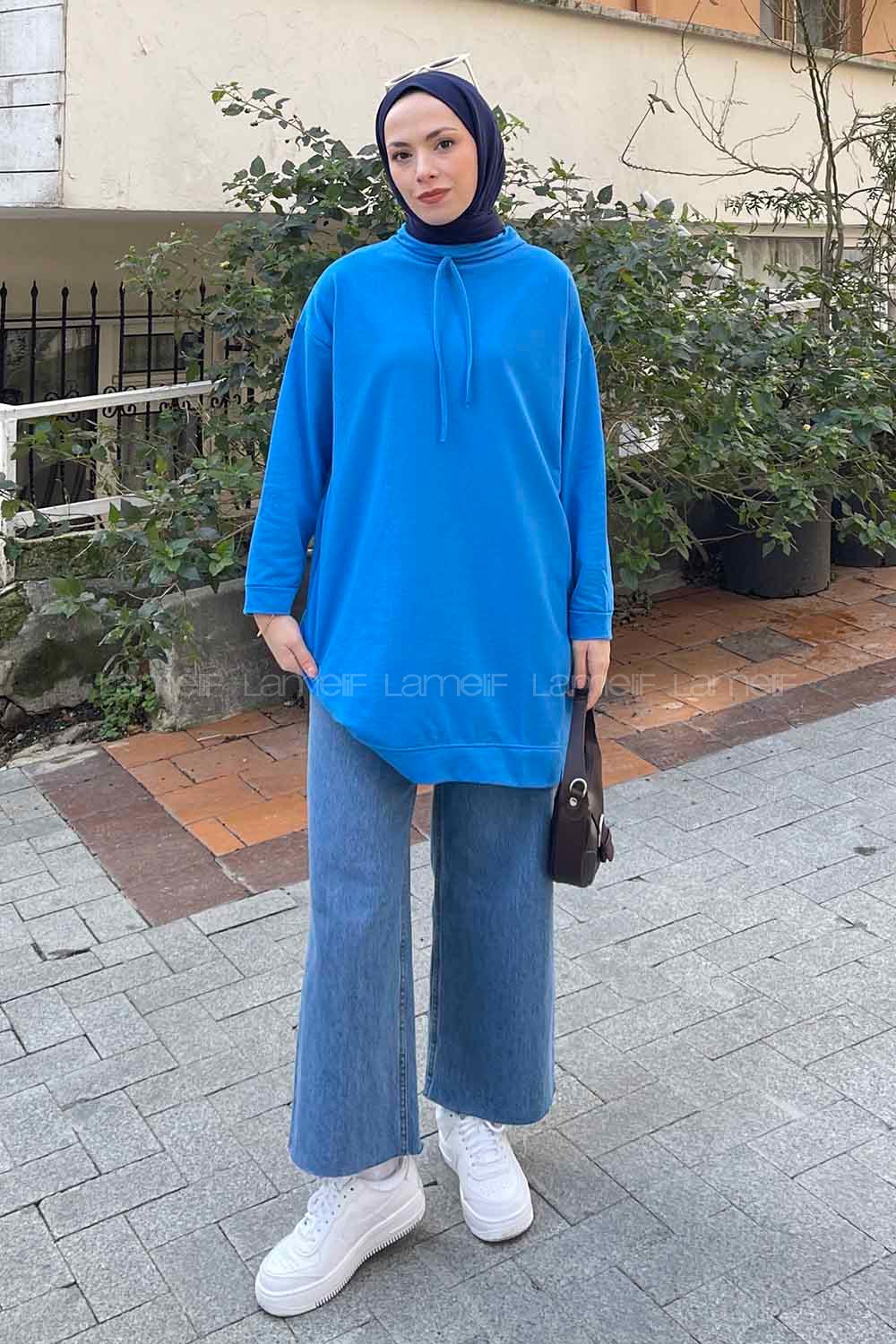 Blue Mandarin Collar Long Arm Unprinted Sweatshirt