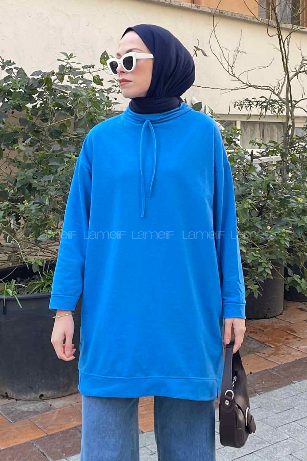 Blue Mandarin Collar Long Arm Unprinted Sweatshirt