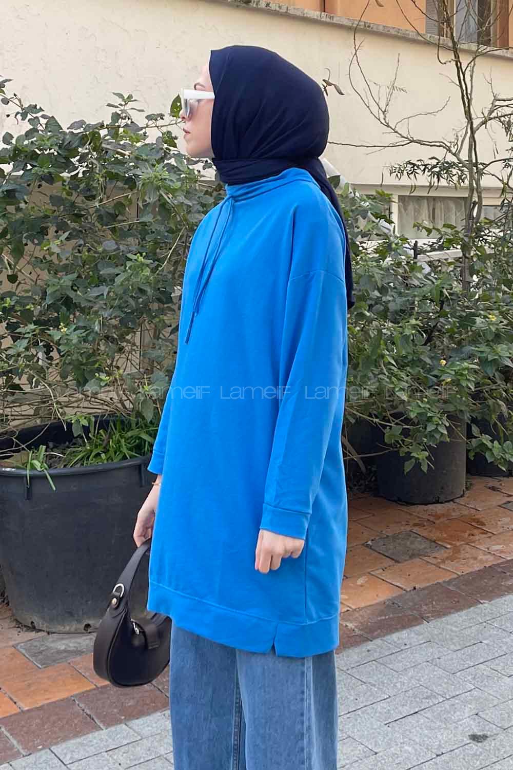 Blue Mandarin Collar Long Arm Unprinted Sweatshirt
