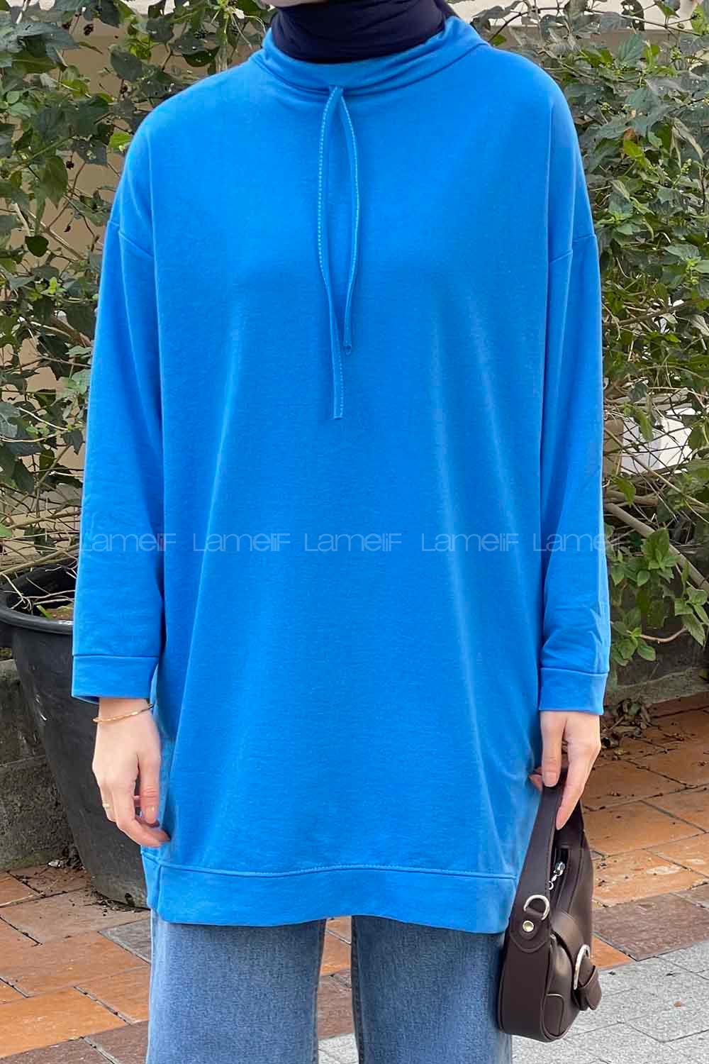 Blue Mandarin Collar Long Arm Unprinted Sweatshirt
