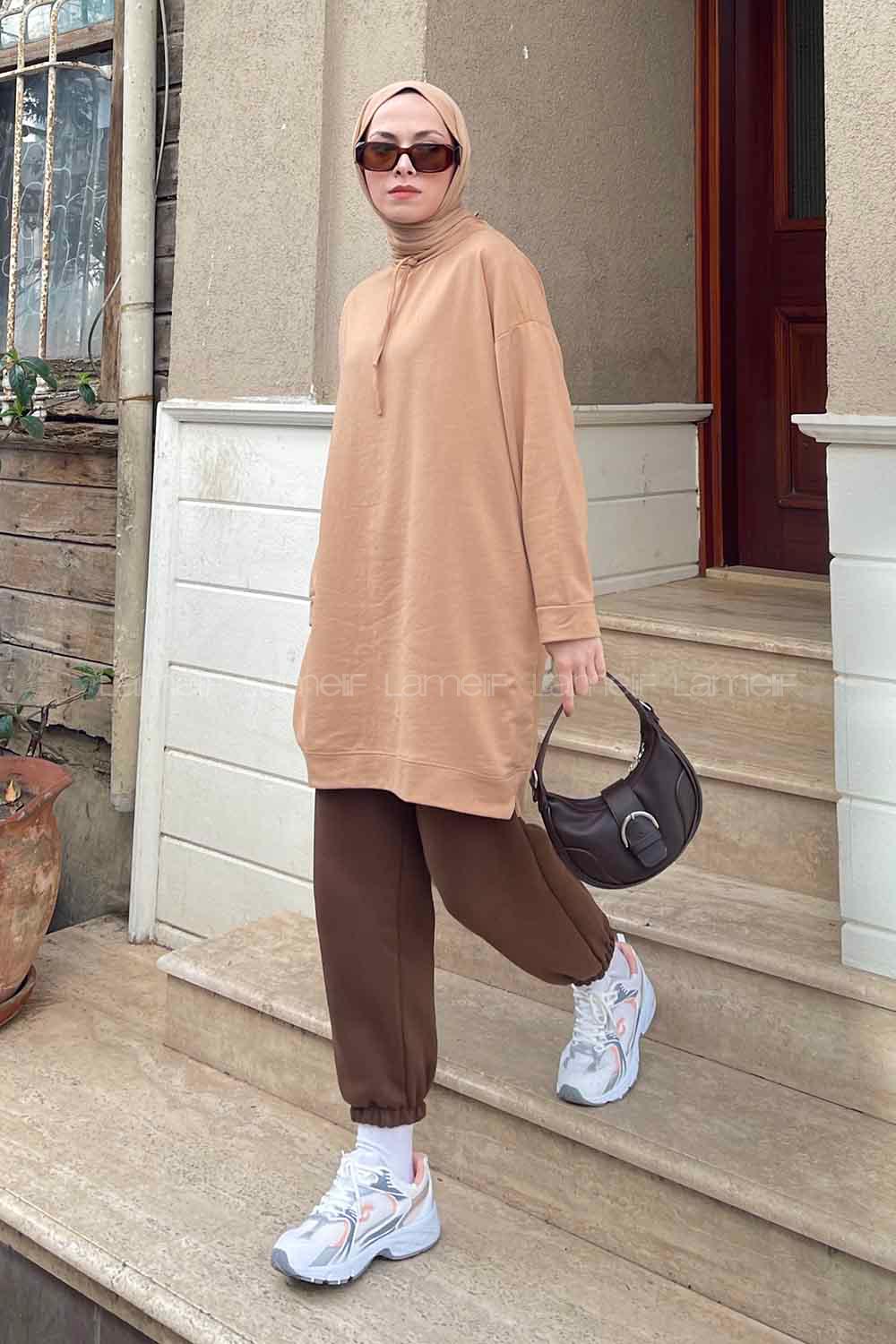 Brown With Milk Mandarin Collar Long Arm Unprinted Sweatshirt