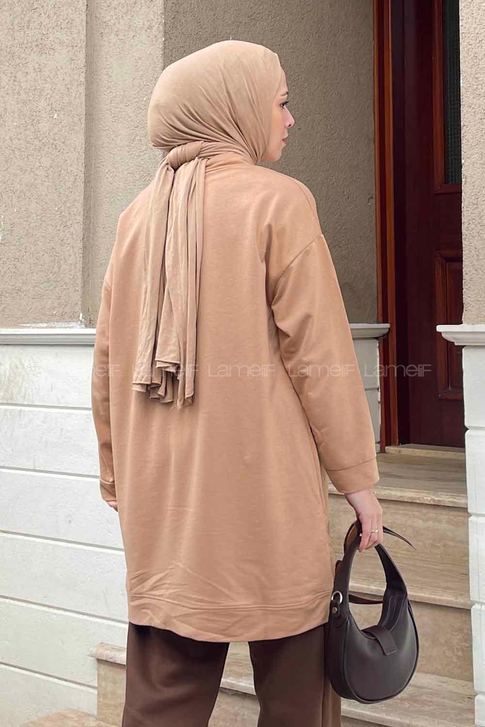 Brown With Milk Mandarin Collar Long Arm Unprinted Sweatshirt
