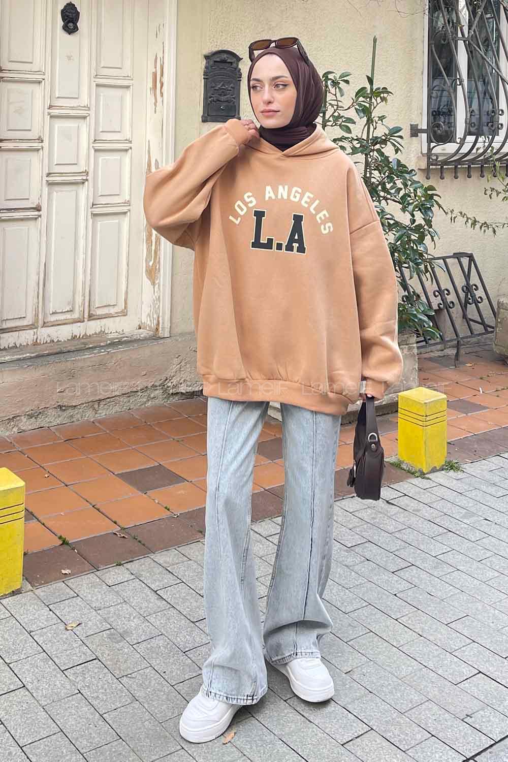 Lamelif Los Angeles Baskılı Oversize Sweatshirt Sütlü Kahve