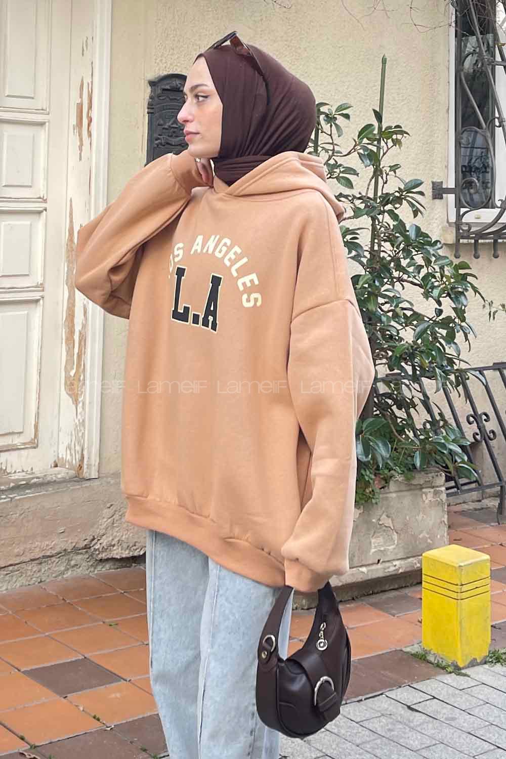 Lamelif Los Angeles Baskılı Oversize Sweatshirt Sütlü Kahve