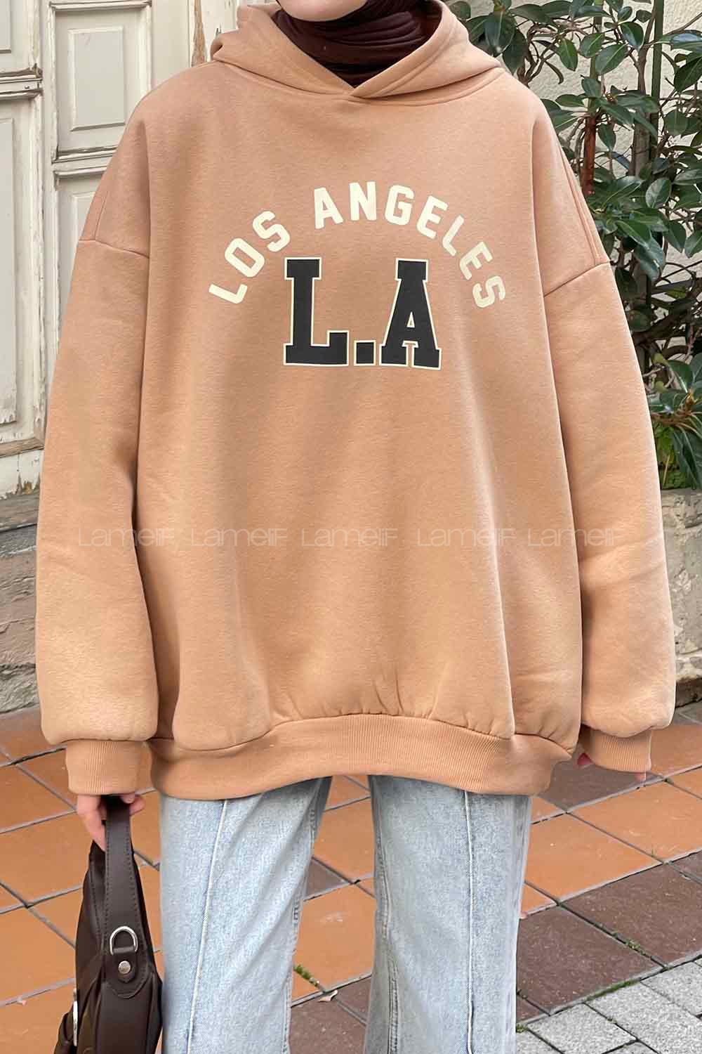 Lamelif Los Angeles Baskılı Oversize Sweatshirt Sütlü Kahve