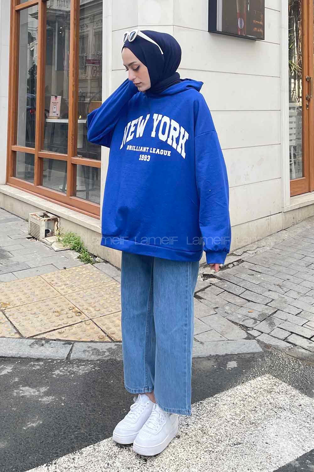 Lamelif Newyork Baskı Detaylı Kapüşonlu Sweatshirt Saks