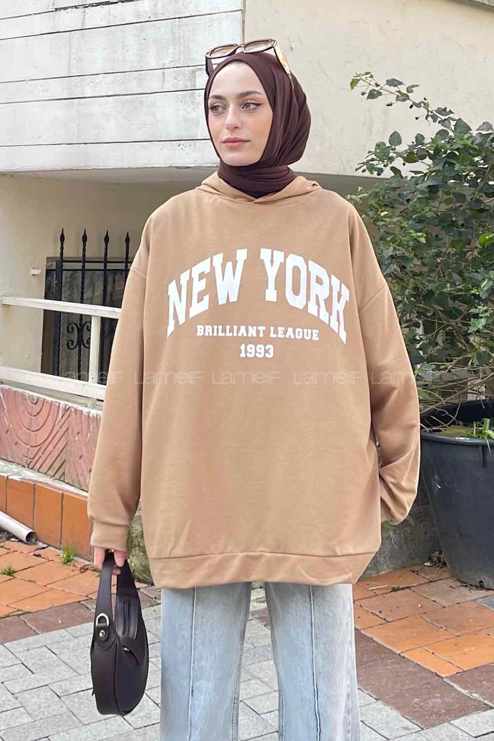 Lamelif Newyork Baskı Detaylı Kapüşonlu Sweatshirt Vizonrengi