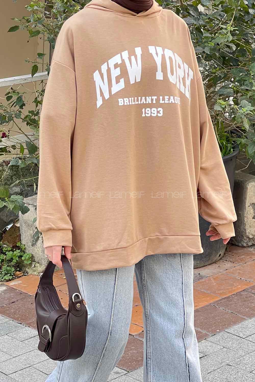 Lamelif Newyork Baskı Detaylı Kapüşonlu Sweatshirt Vizonrengi