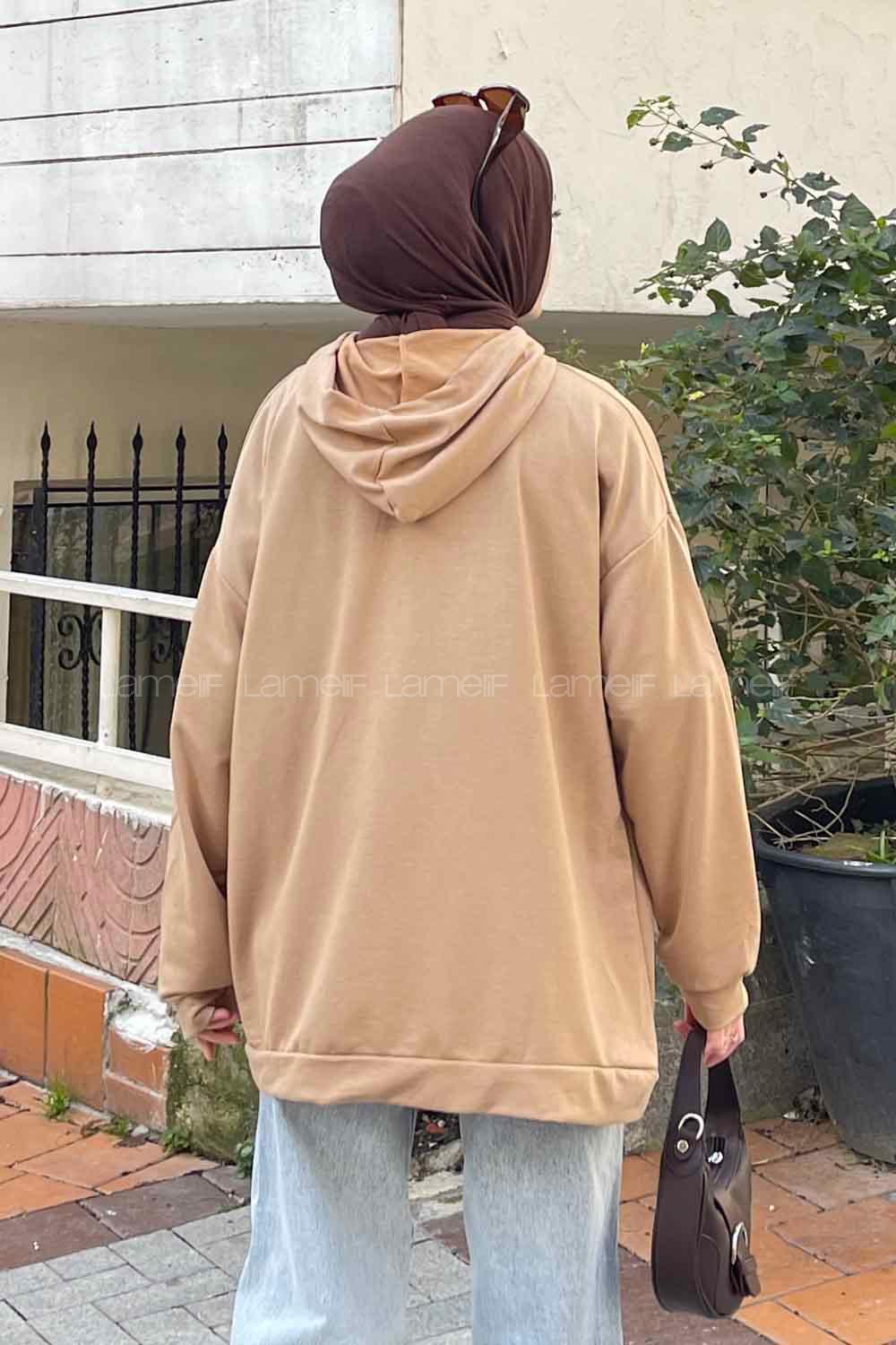 Lamelif Newyork Baskı Detaylı Kapüşonlu Sweatshirt Vizonrengi