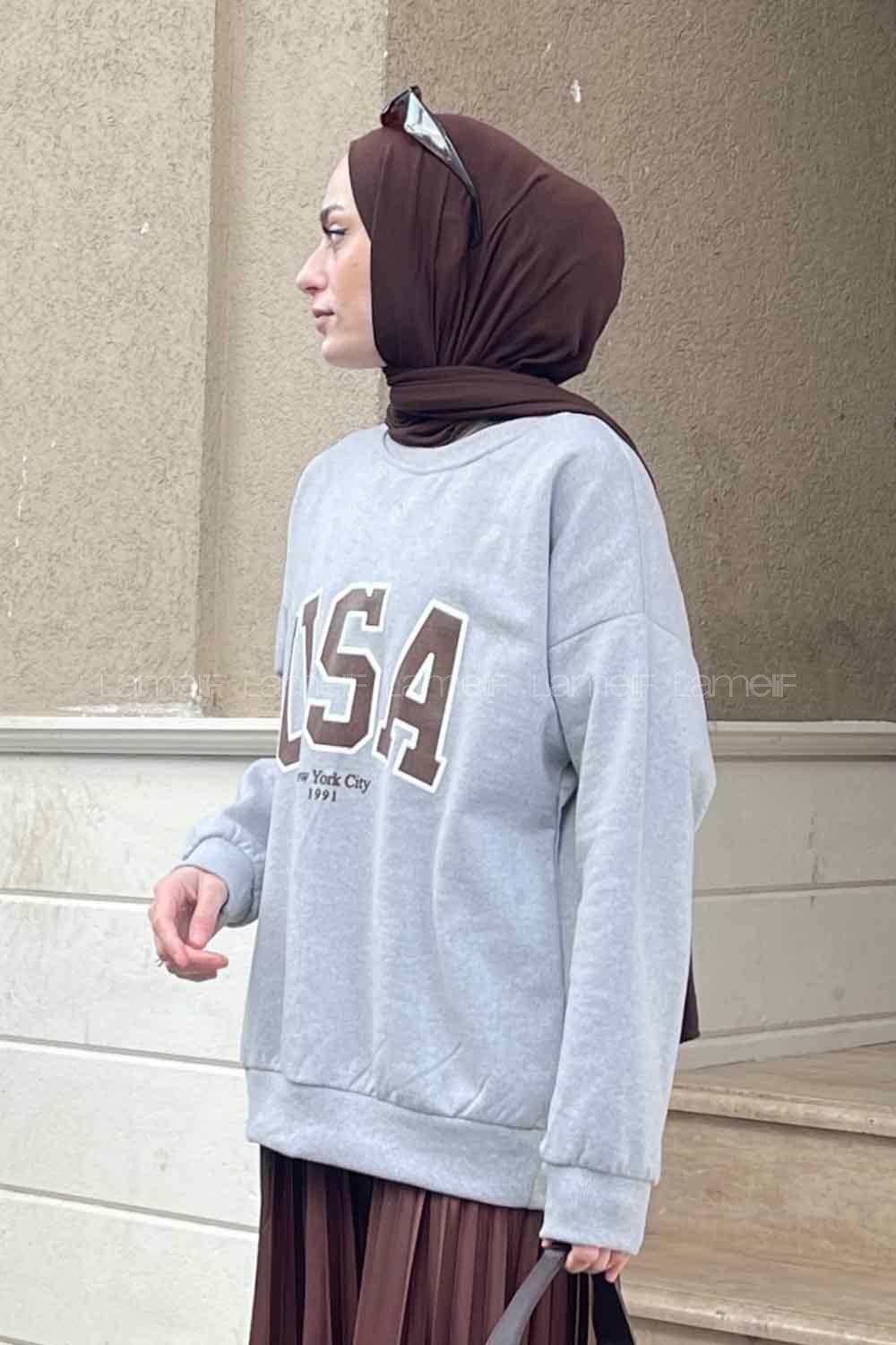 Lamelif Usa Baskı Detaylı Sweatshirt Kahverengi