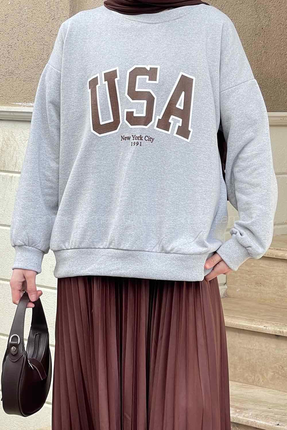 Lamelif Usa Baskı Detaylı Sweatshirt Kahverengi