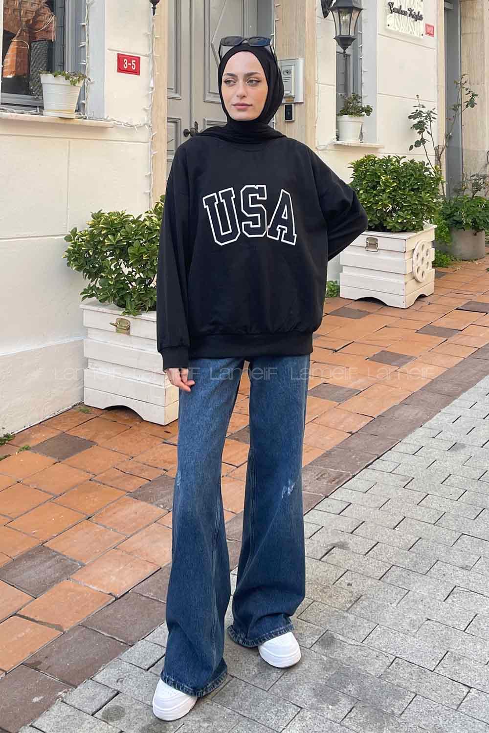 Lamelif Usa Baskı Detaylı Sweatshirt Siyah