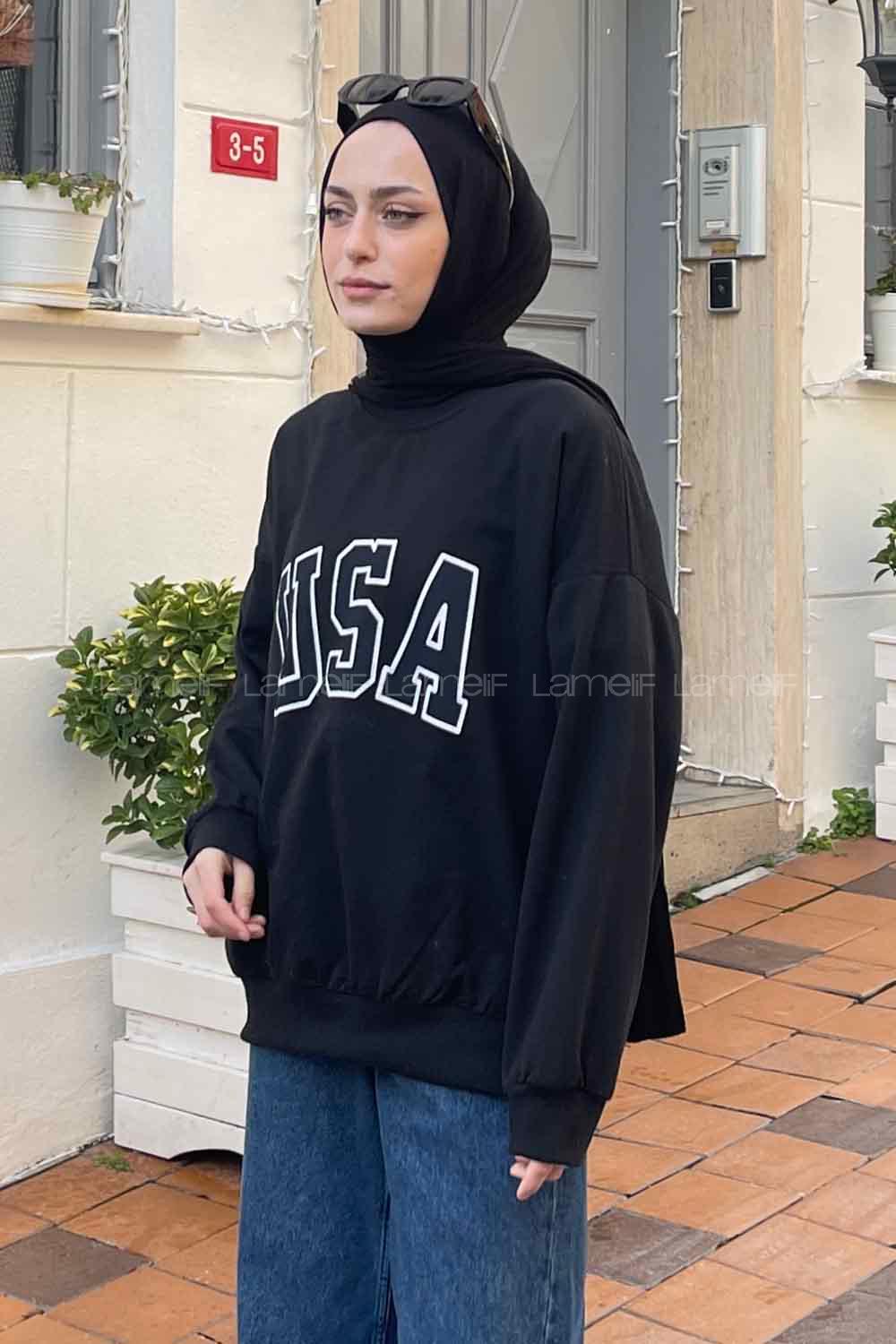 Lamelif Usa Baskı Detaylı Sweatshirt Siyah