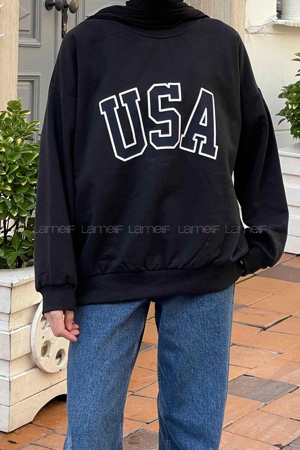 Lamelif Usa Baskı Detaylı Sweatshirt Siyah