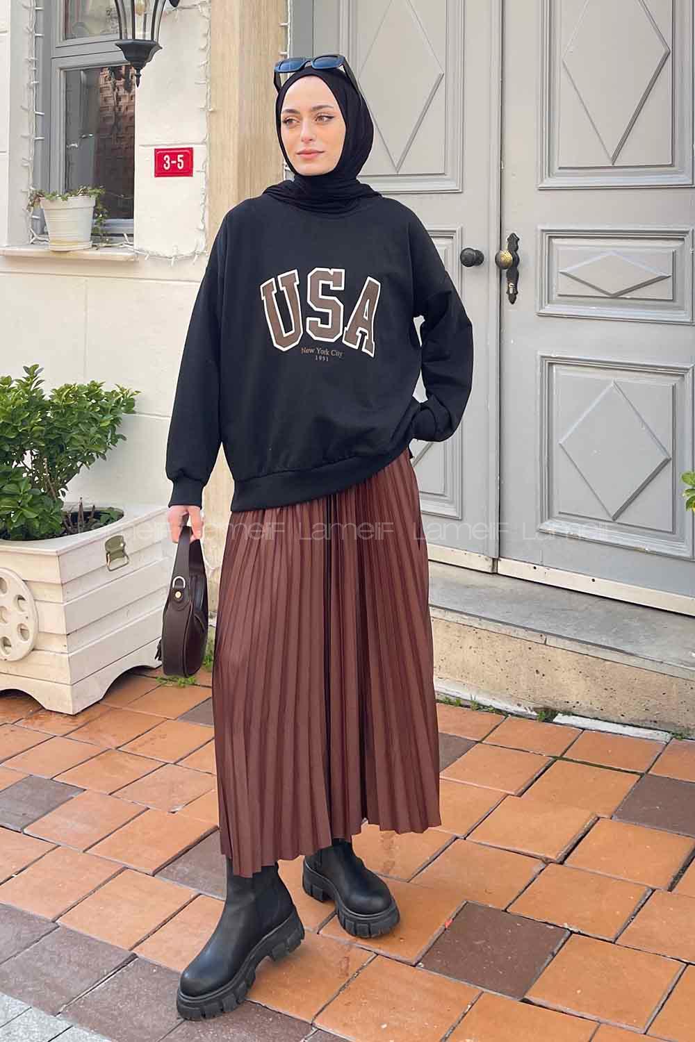 Lamelif Usa Baskı Detaylı Sweatshirt Siyah -Kahverengi