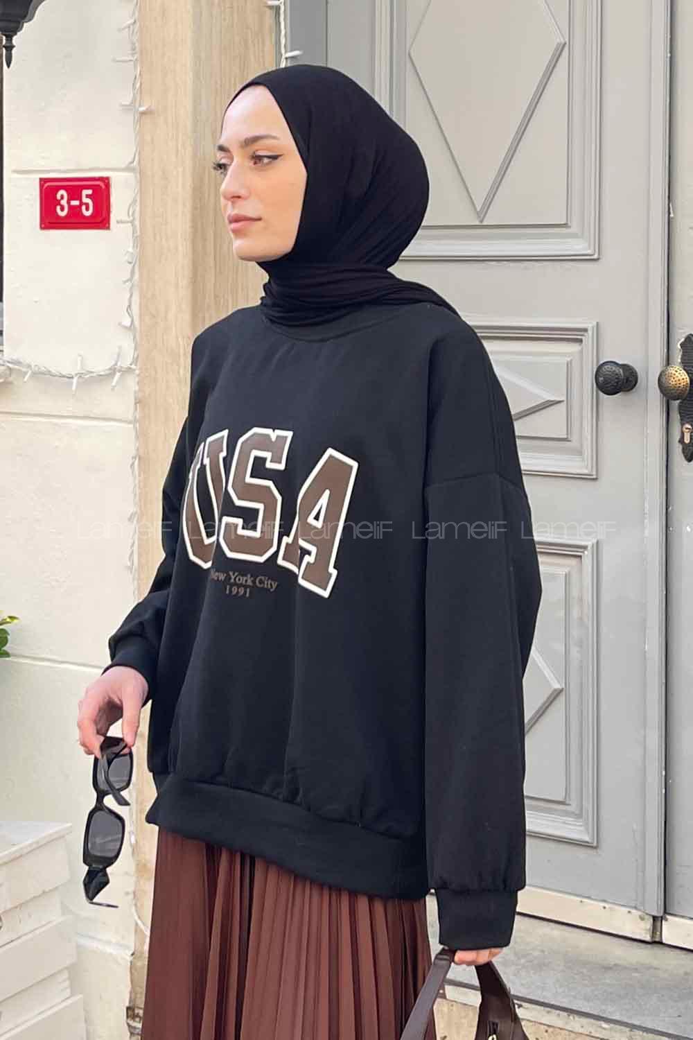 Lamelif Usa Baskı Detaylı Sweatshirt Siyah -Kahverengi