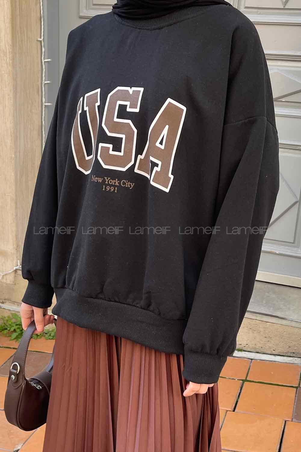 Lamelif Usa Baskı Detaylı Sweatshirt Siyah -Kahverengi