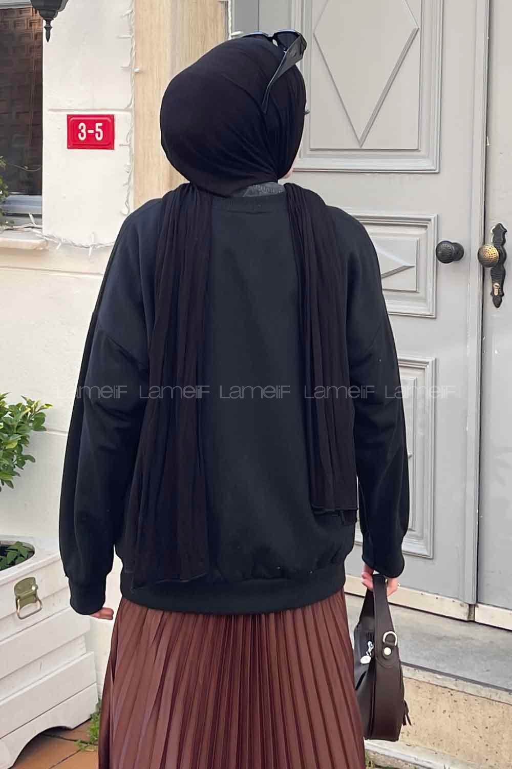 Lamelif Usa Baskı Detaylı Sweatshirt Siyah -Kahverengi