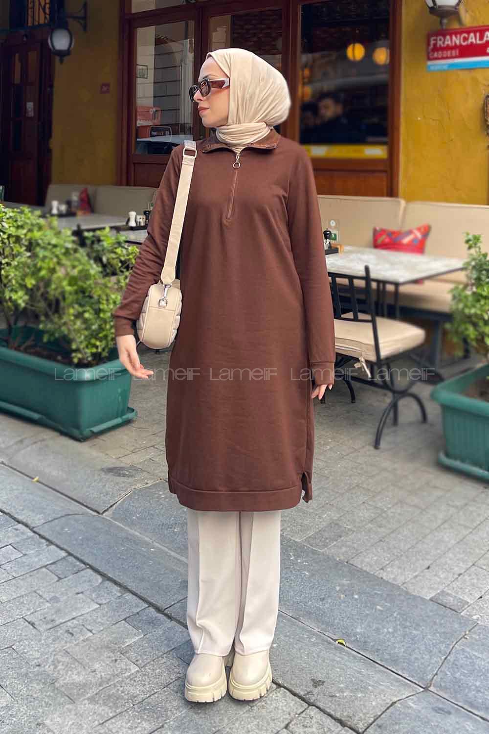Bitter Brown Choker Neck Combed Fabric Cotton Fabric Tunic