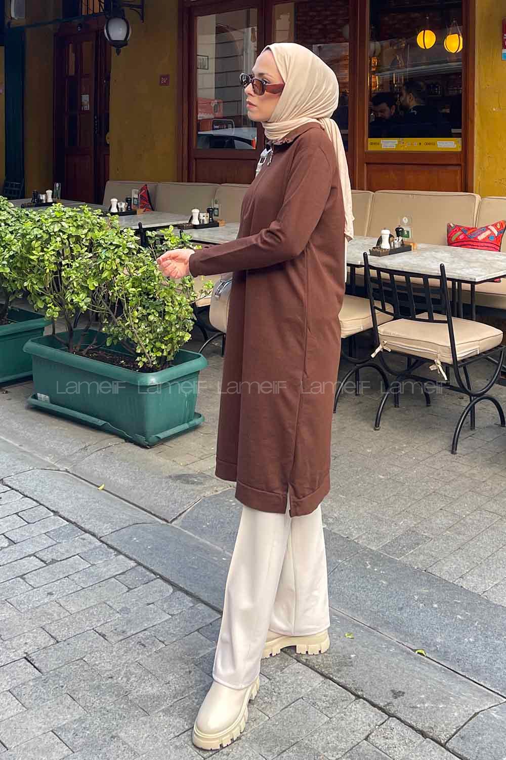 Bitter Brown Choker Neck Combed Fabric Cotton Fabric Tunic
