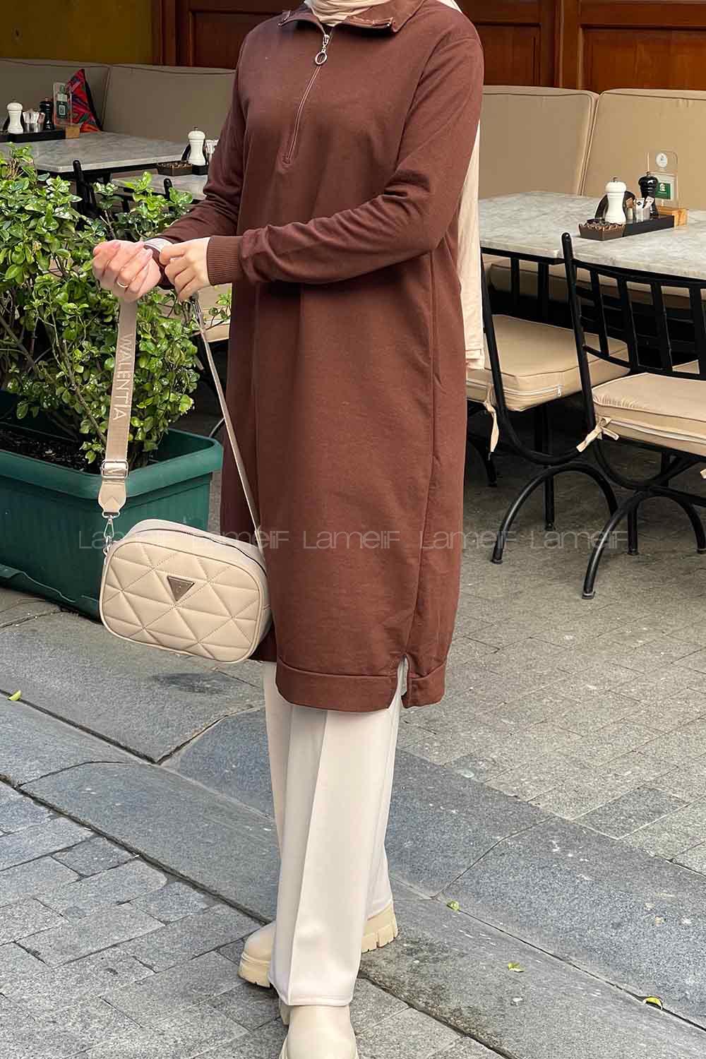 Bitter Brown Choker Neck Combed Fabric Cotton Fabric Tunic