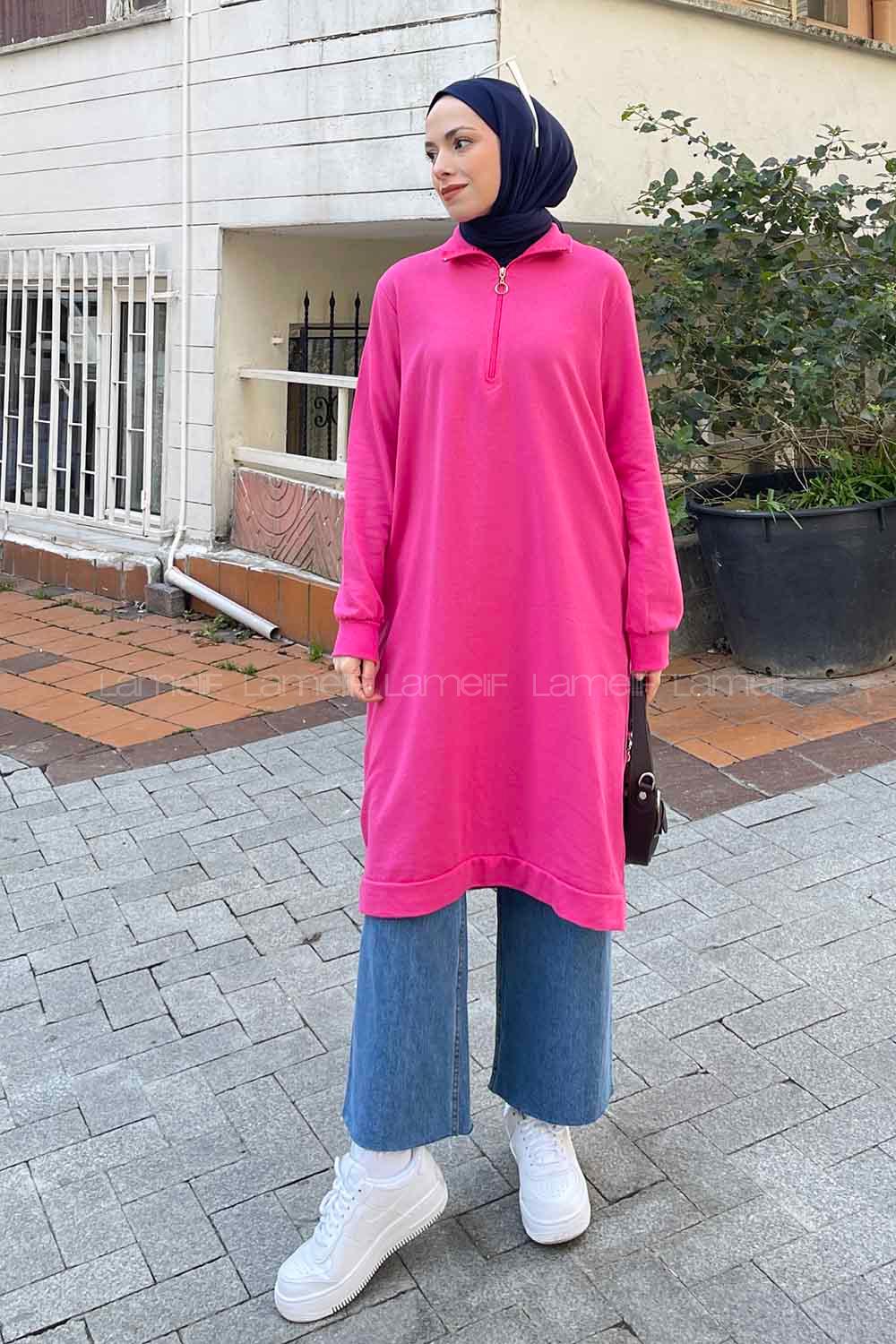 Pink Choker Neck Combed Fabric Cotton Fabric Tunic