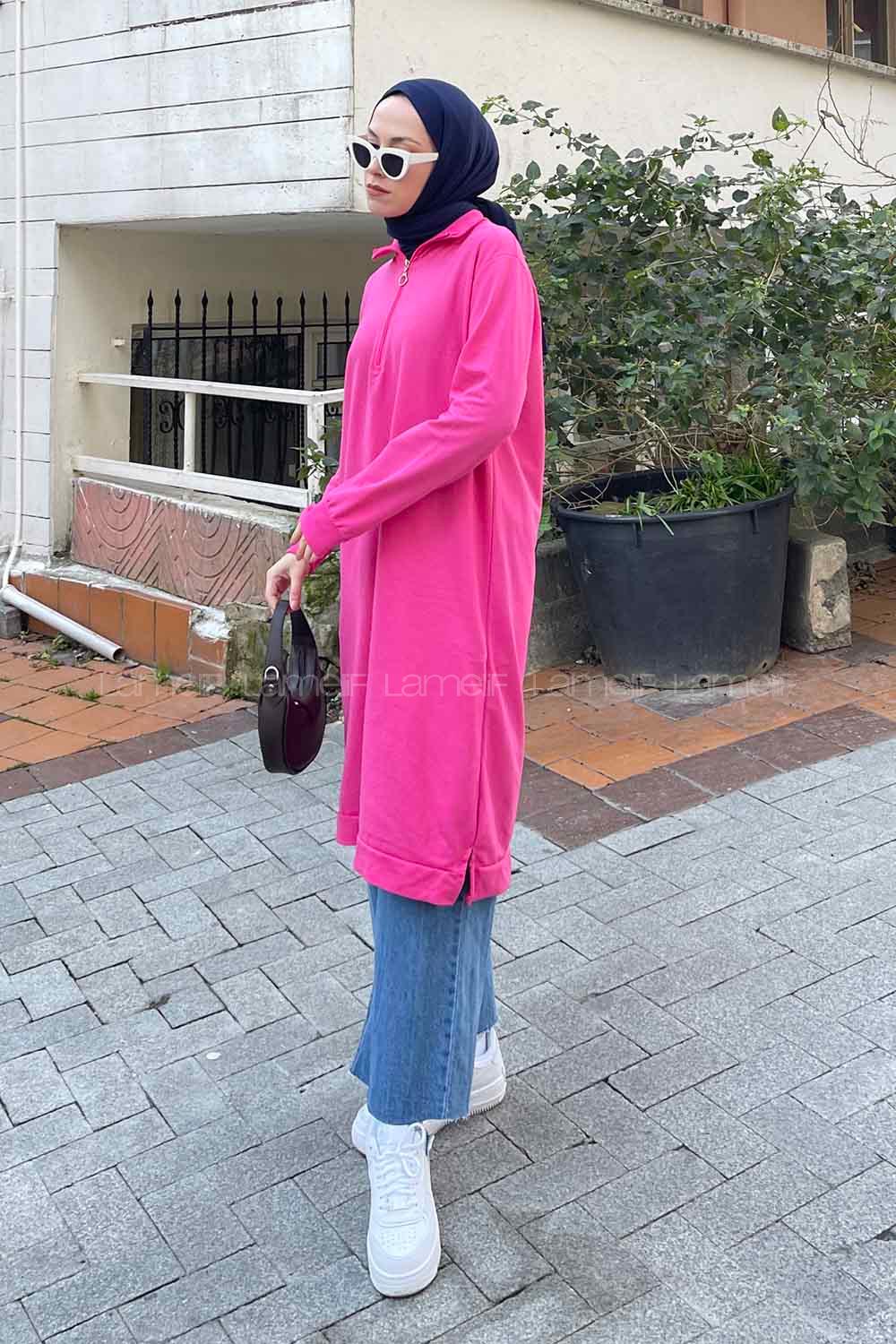 Pink Choker Neck Combed Fabric Cotton Fabric Tunic