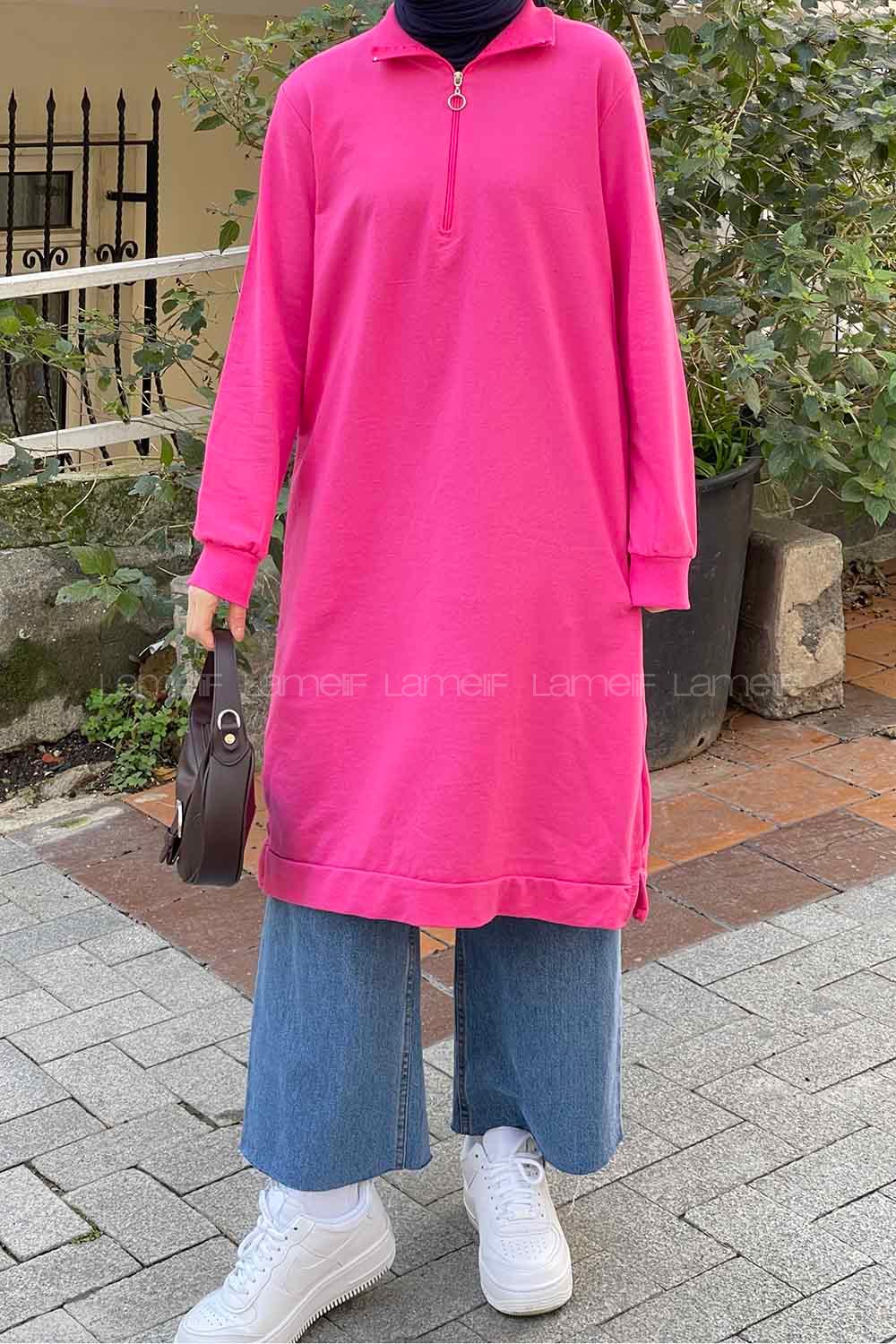 Pink Choker Neck Combed Fabric Cotton Fabric Tunic