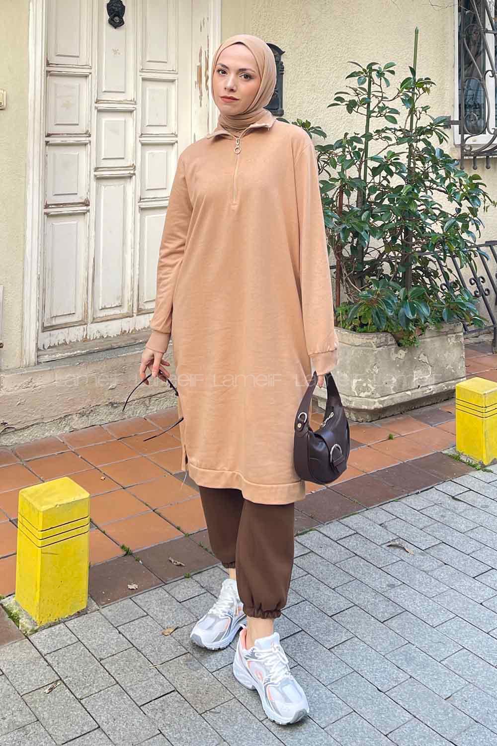 Brown With Milk Choker Neck Combed Fabric Cotton Fabric Tunic