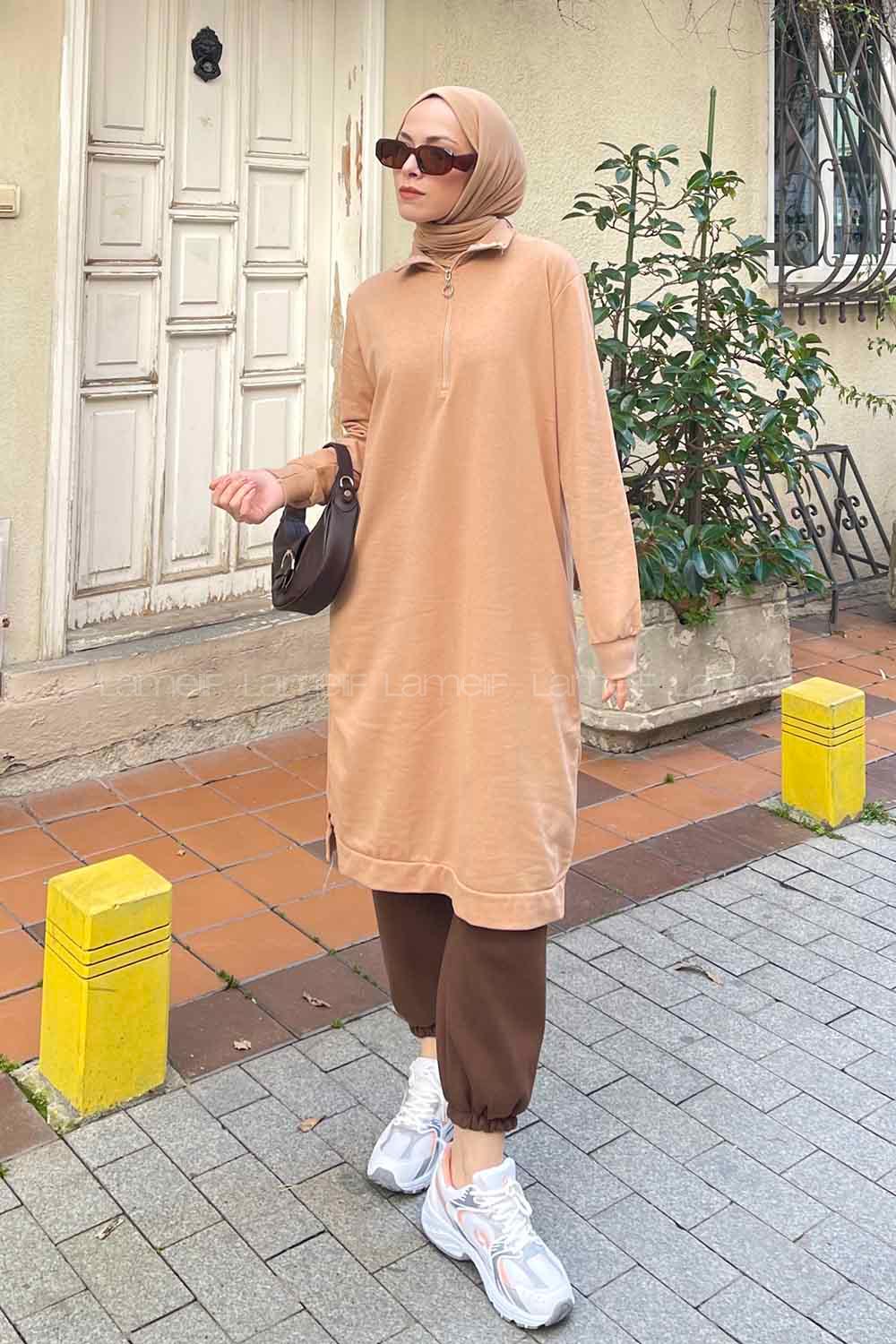 Brown With Milk Choker Neck Combed Fabric Cotton Fabric Tunic