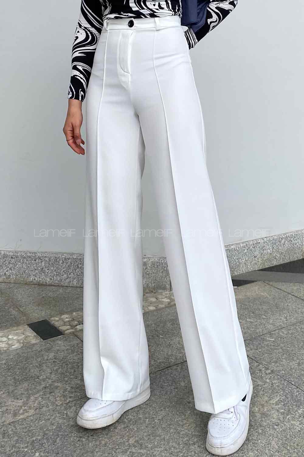 Lamelif Çımalı Bol Paça Pantolon Ekru