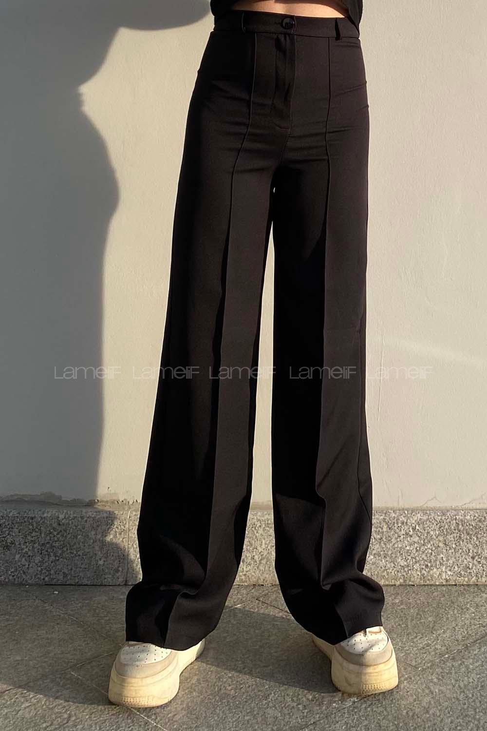 Lamelif Çımalı Bol Paça Pantolon Siyah