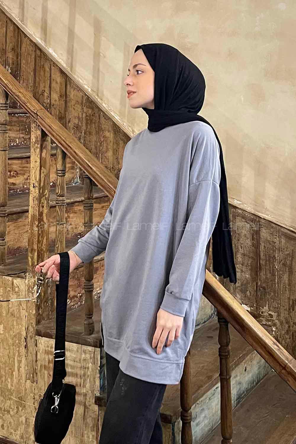 Lamelif Bisiklet Yaka Arma Detaylı Tunik Füme