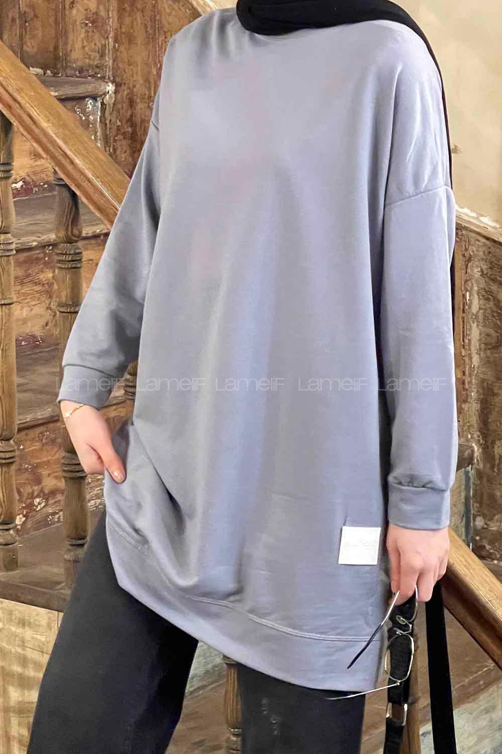 Lamelif Bisiklet Yaka Arma Detaylı Tunik Füme