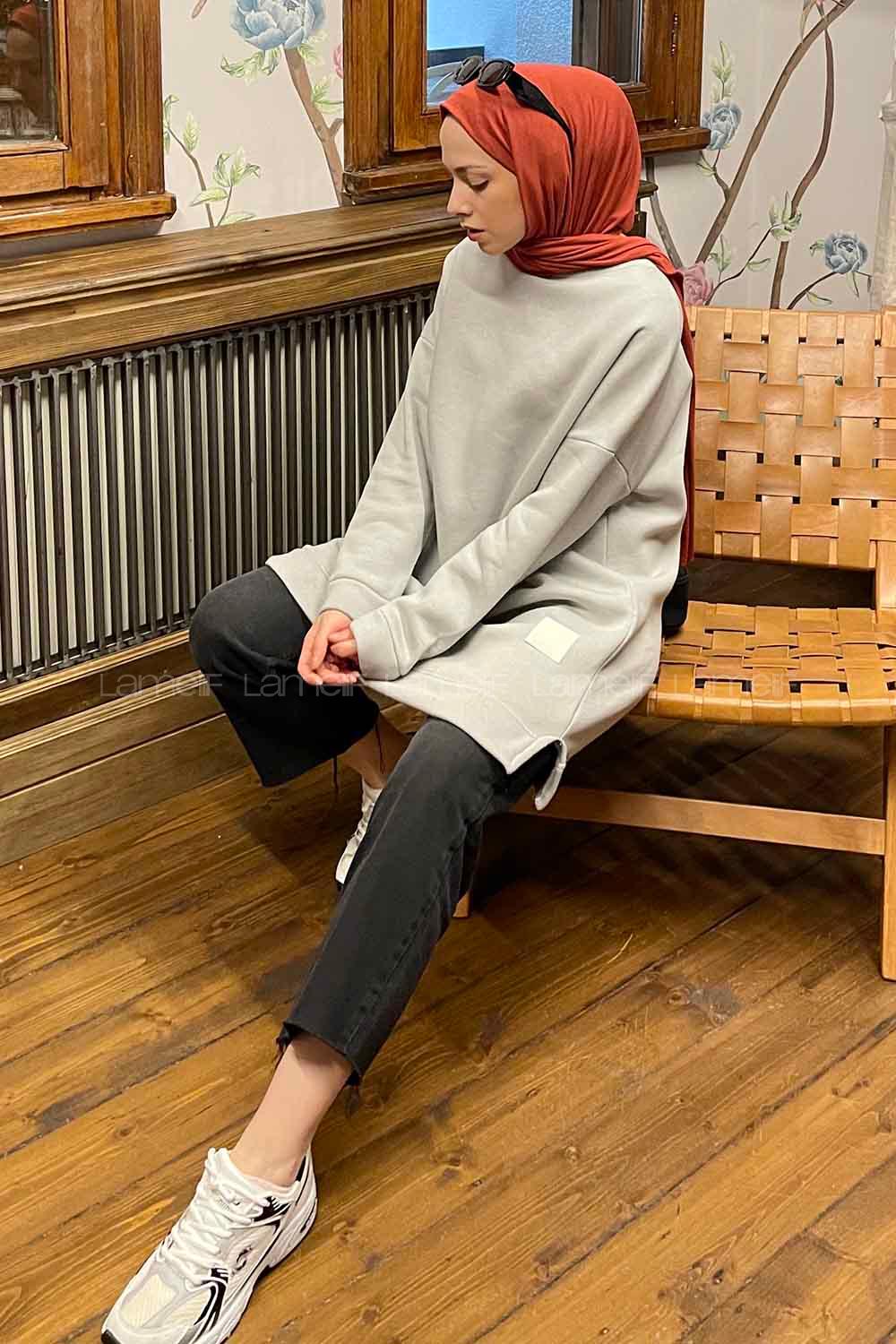 Gray Medium Crew Neck Cotton Fabric Tunic