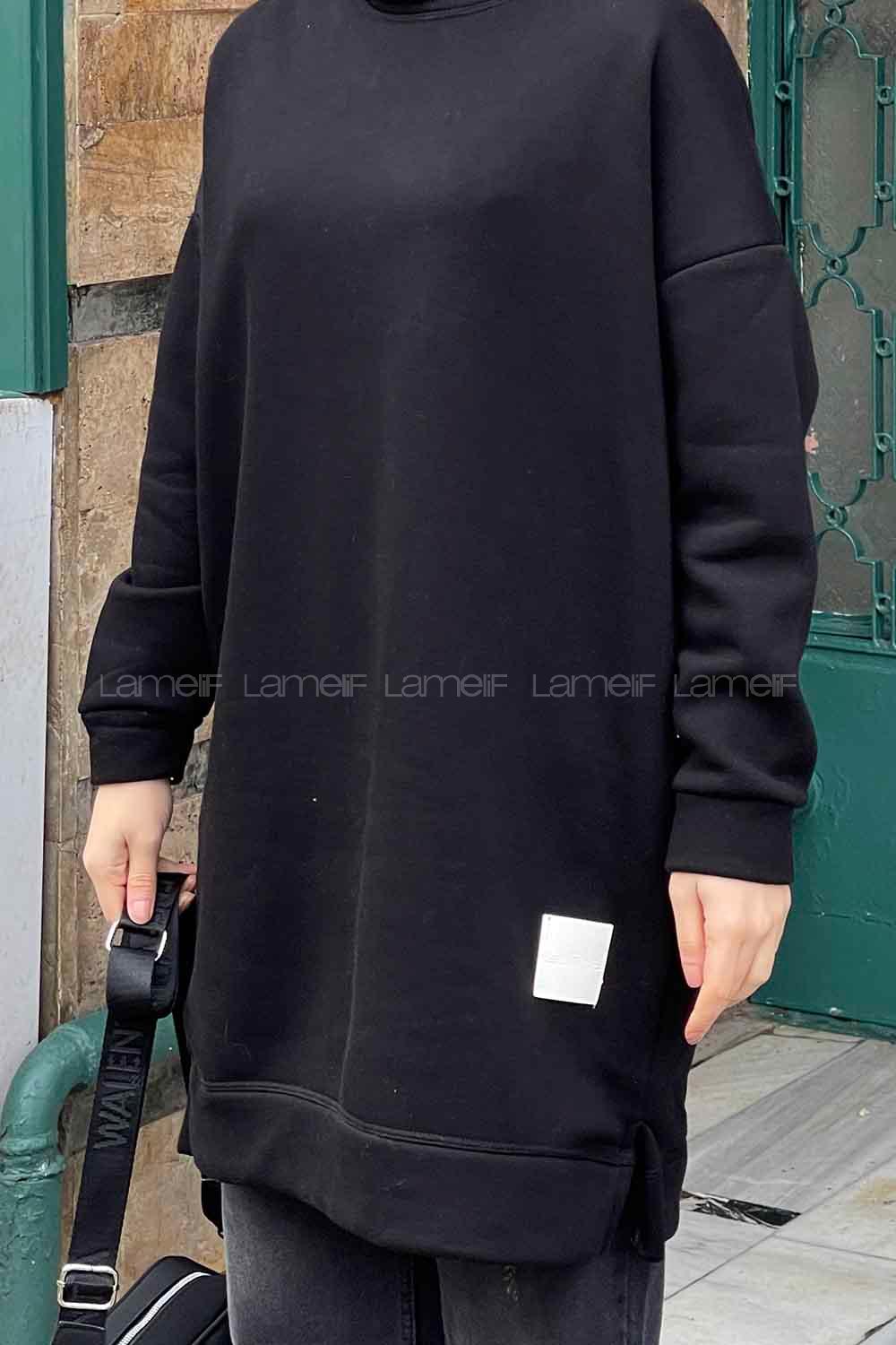 Lamelif Bisiklet Yaka Arma Detaylı Üç İplik Tunik Siyah