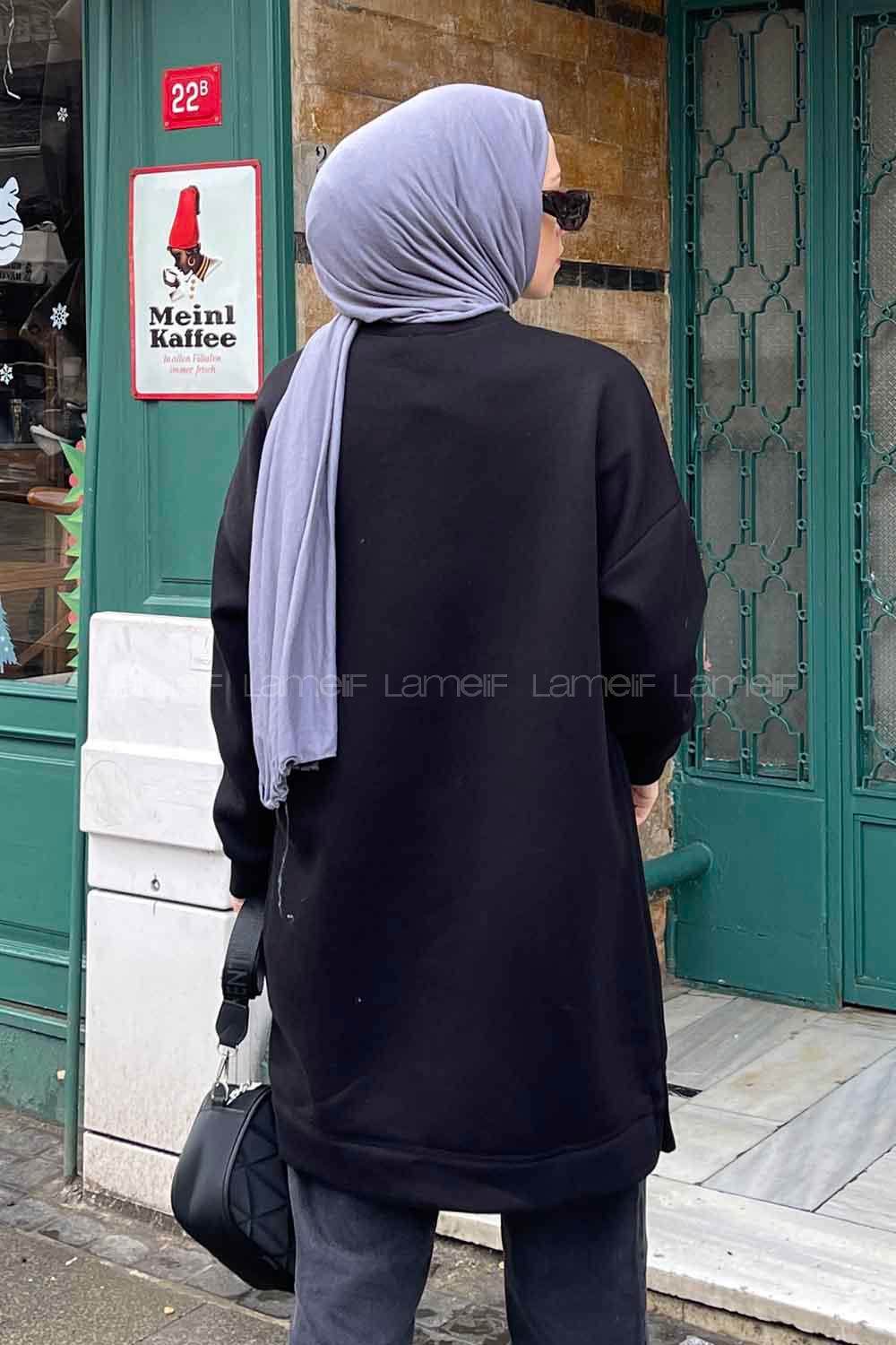 Lamelif Bisiklet Yaka Arma Detaylı Üç İplik Tunik Siyah