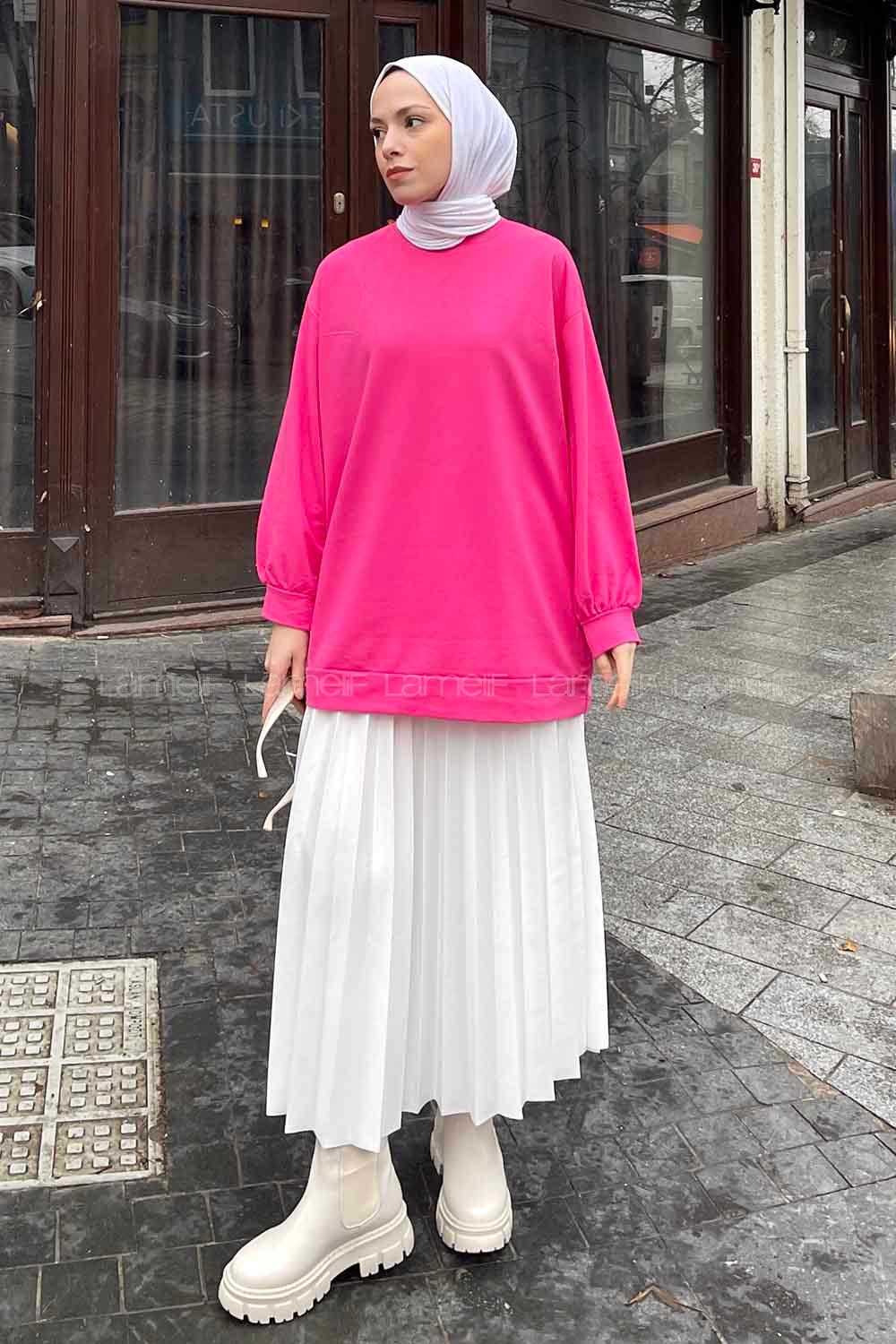 Lamelif  Bisiklet Yaka  İki İplik Düz Sweat Pembe