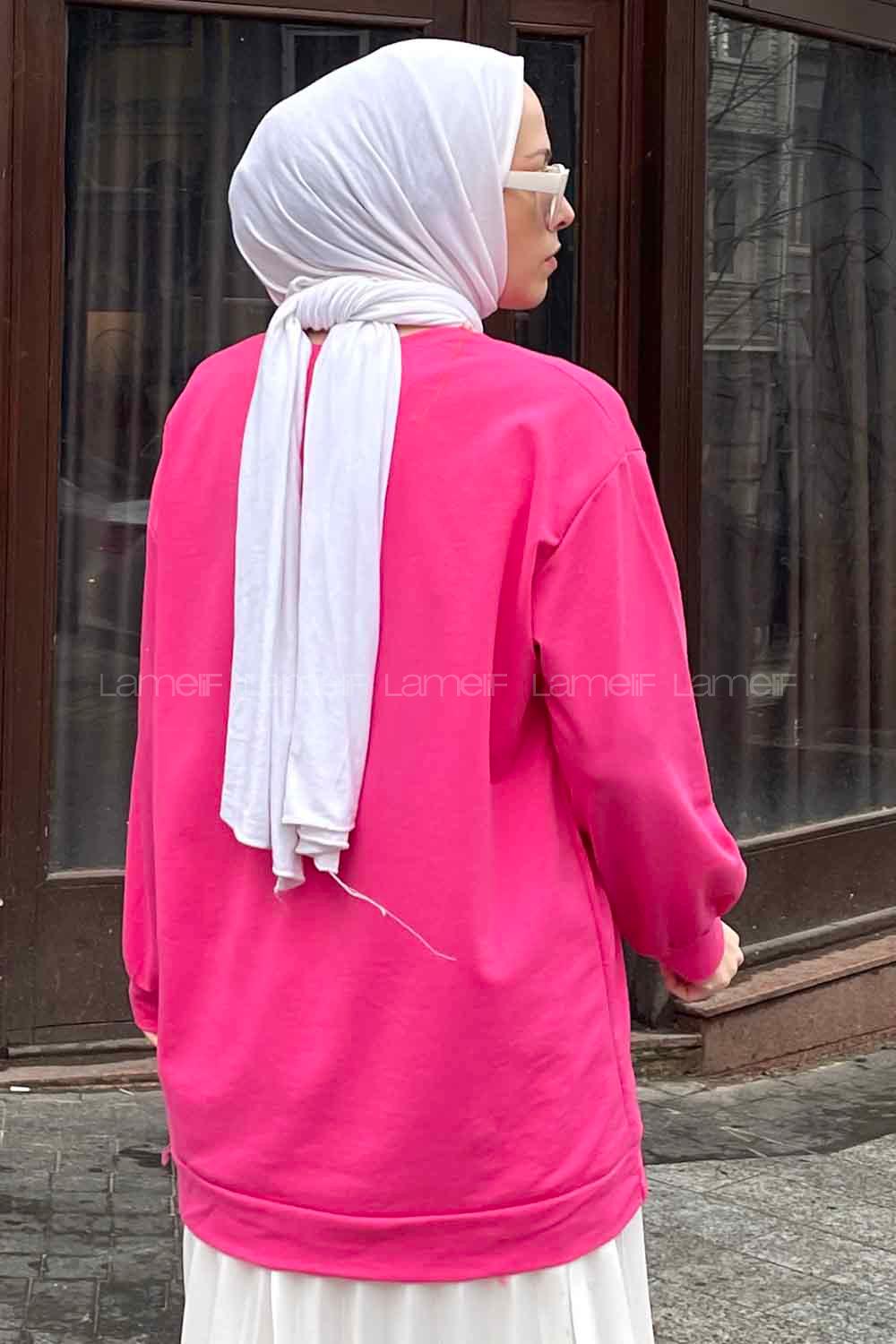 Lamelif  Bisiklet Yaka  İki İplik Düz Sweat Pembe