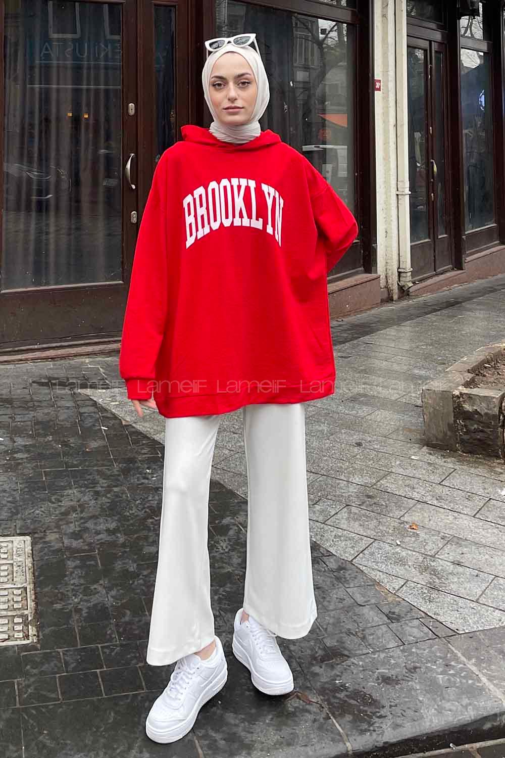 Lamelif Brooklyn Baskı Detaylı Kapüşonlu Sweatshirt Kırmızı