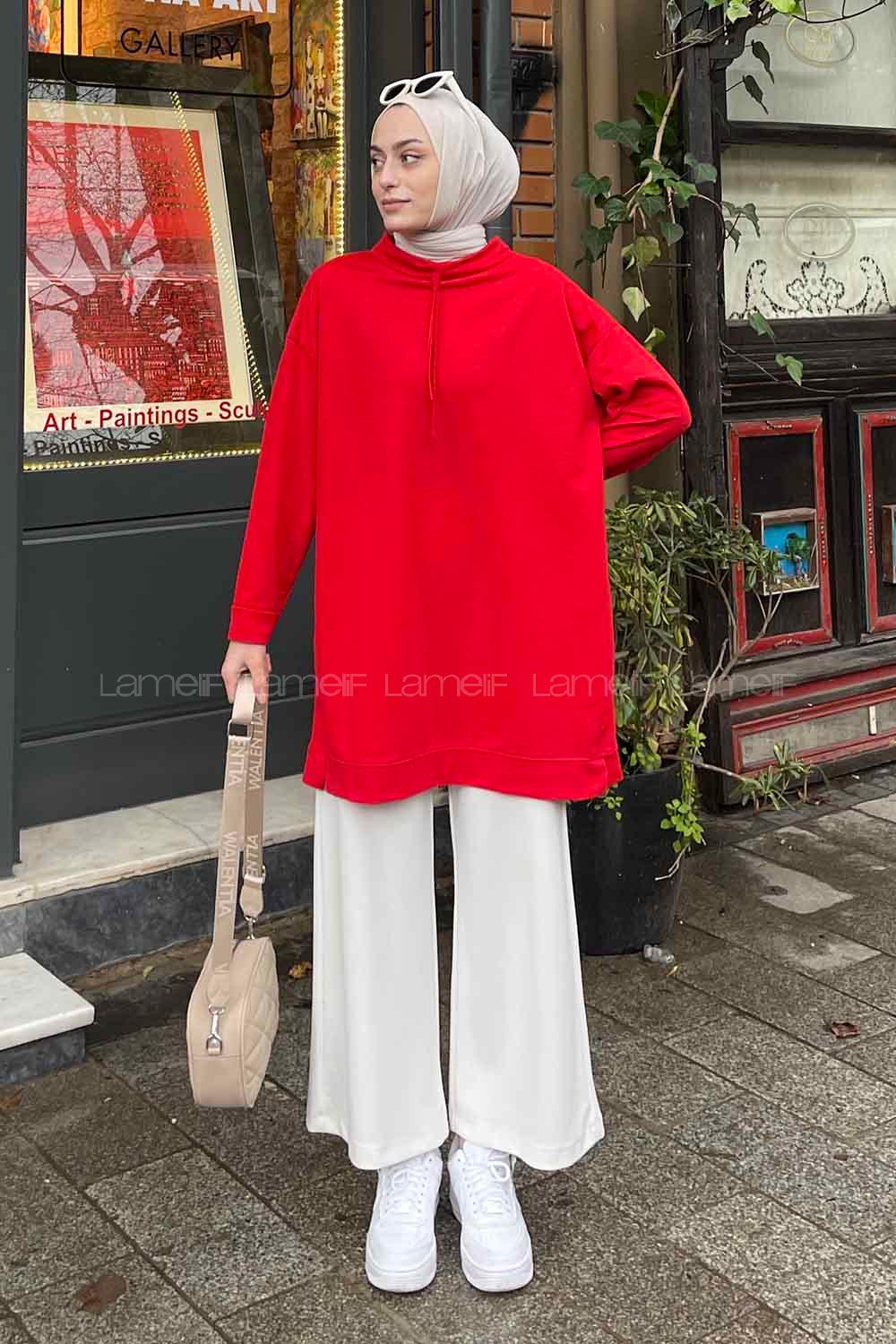 Red Mandarin Collar Long Arm Unprinted Sweatshirt