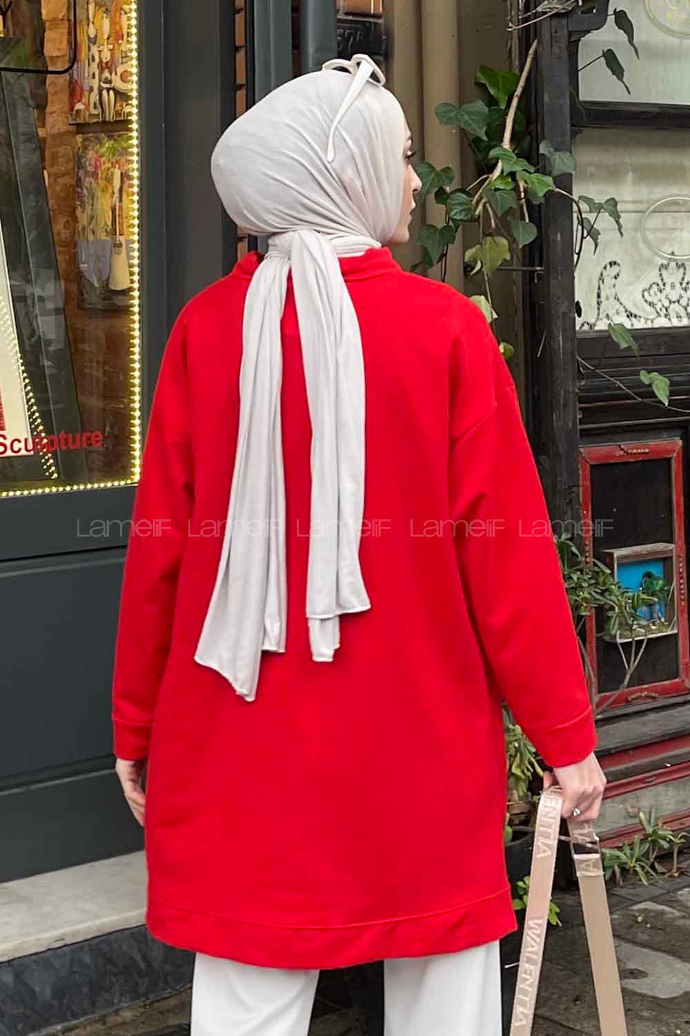 Red Mandarin Collar Long Arm Unprinted Sweatshirt
